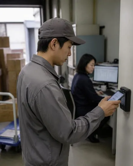 スマートフォンで打刻するドライバーと、画面を見る経理担当
