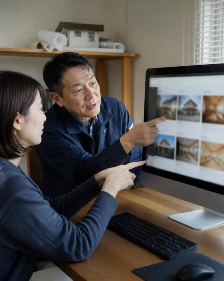 施工事例が並ぶ工務店のホームページを、パソコンの画面で確認している