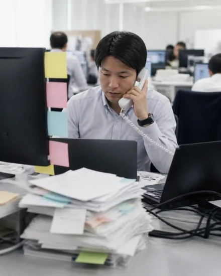 社内の問い合わせに追われる総務担当者のデスク