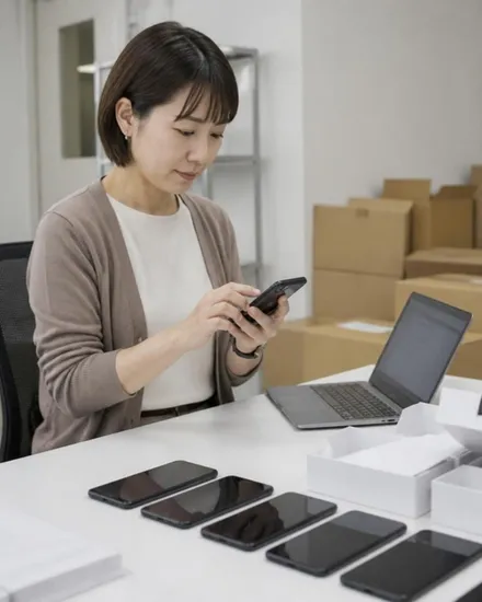 新しいオフィスで、社員が社用のスマートフォンをセットアップしている