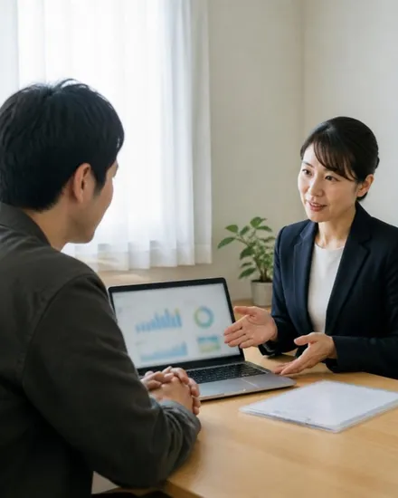 ノートパソコンのクラウド会計の画面を見せながら、起業家と税理士が向き合って相談している