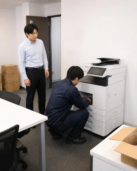 新しいオフィスに複合機が設置されている